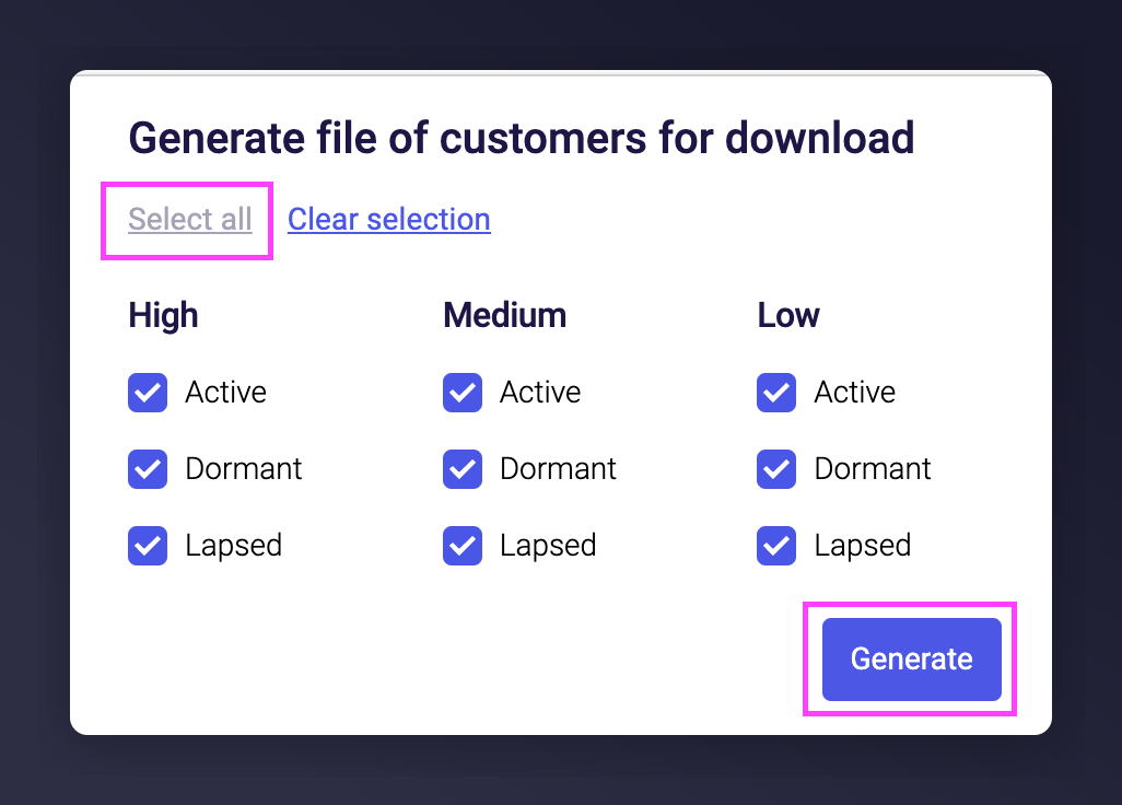 Mention Me ECR segment selection with Generate button