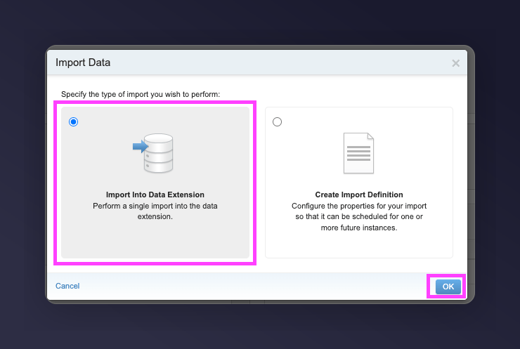 Import Into Data Extension confirmation