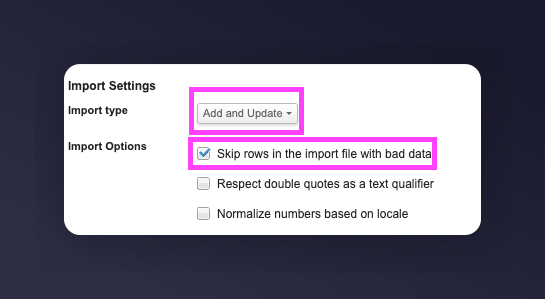 Import settings with Add and Update option