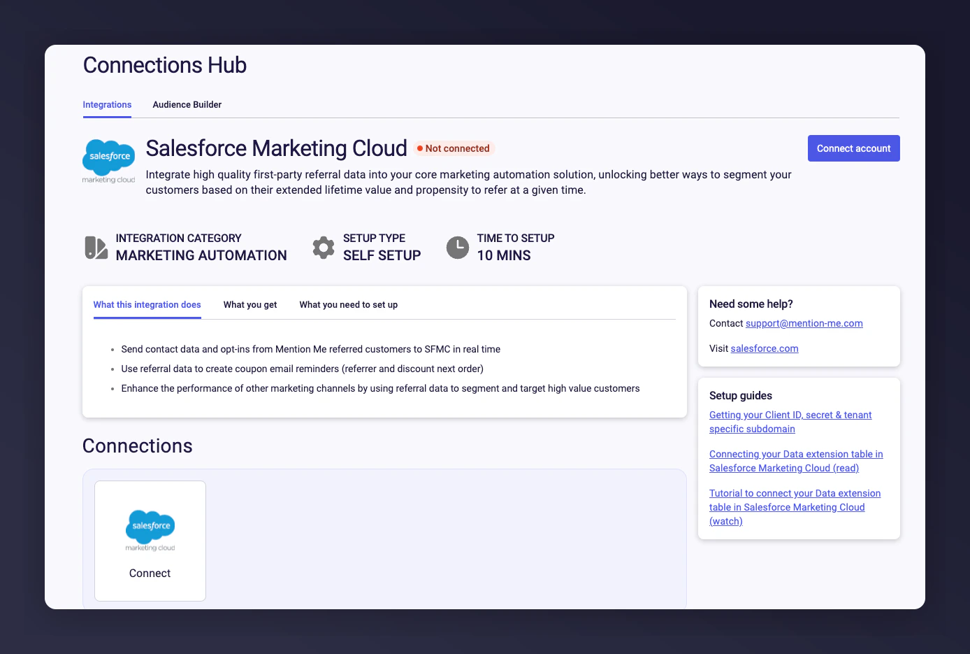 Mention Me SFMC integration connect page