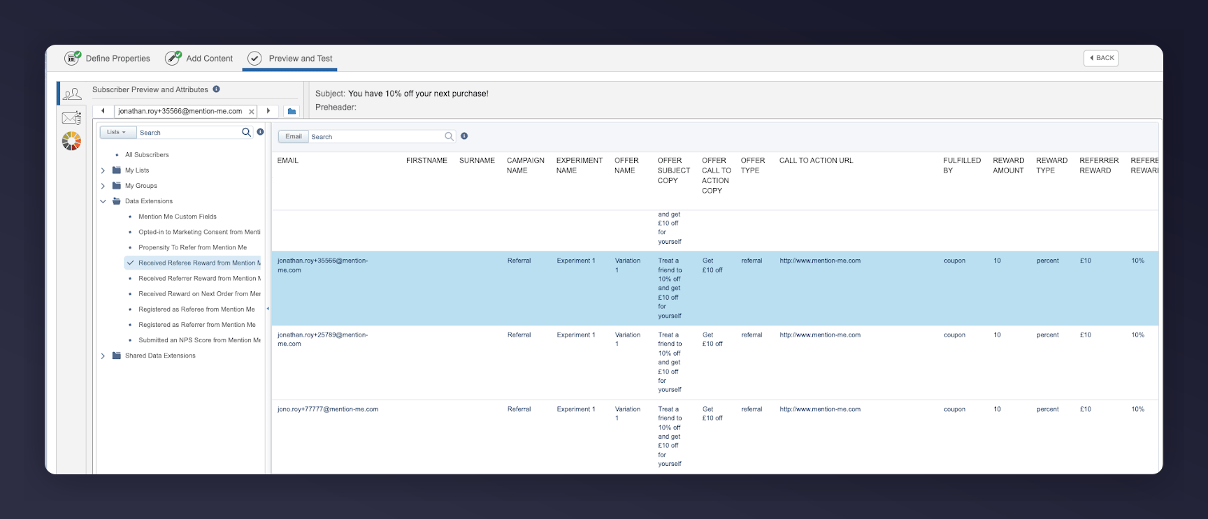 Selecting test entry from referee reward data extension