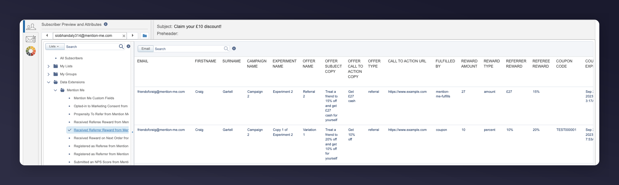 Selecting test entry from referrer reward data extension