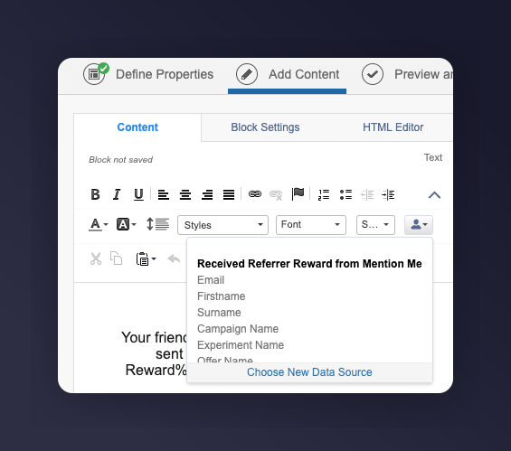 Add content with referrer reward data extension