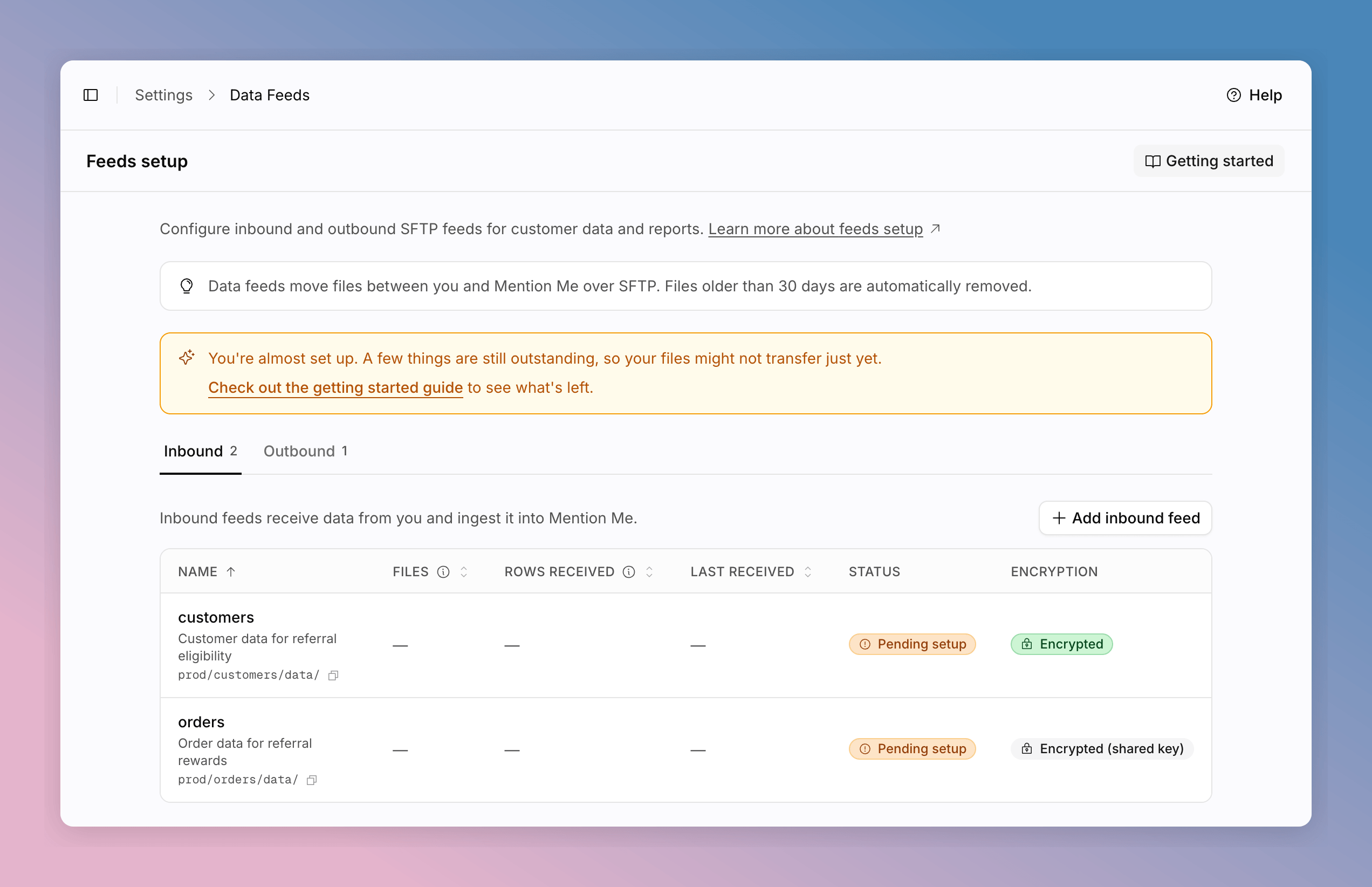 Feeds setup page showing an inbound feed with Pending setup
status
