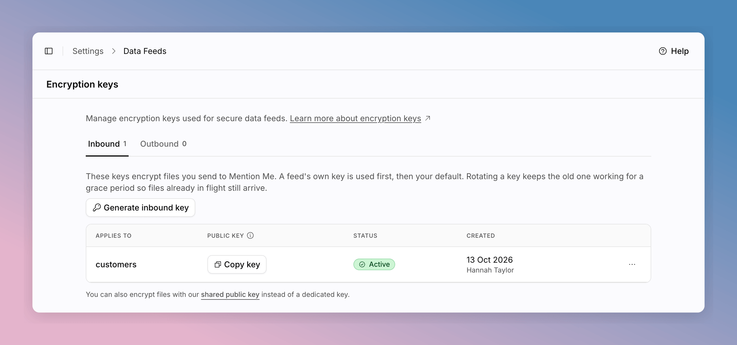 Encryption keys settings on the Inbound tab, with a feed key marked
Active