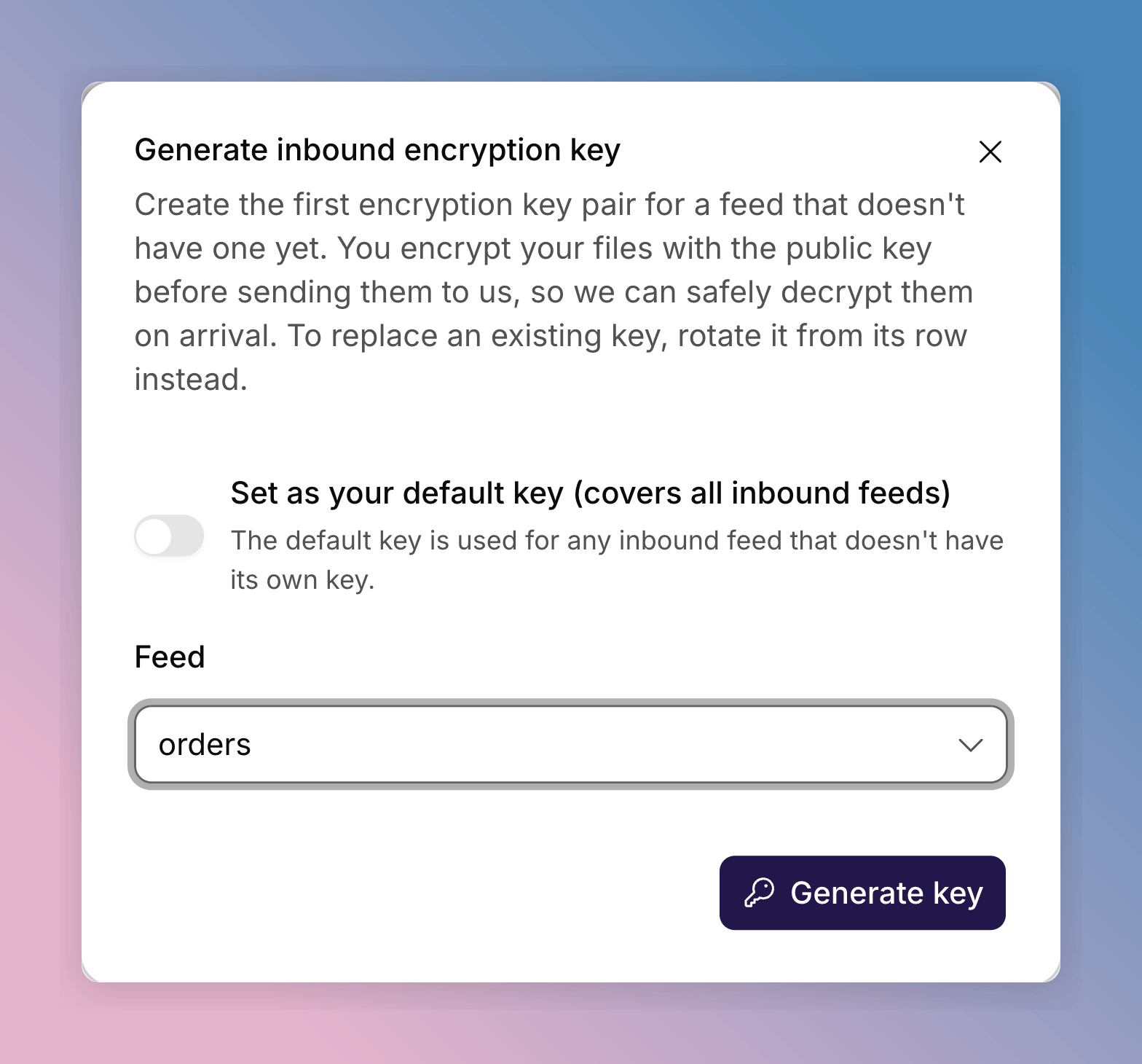 Generate inbound encryption key dialog with a feed
selected