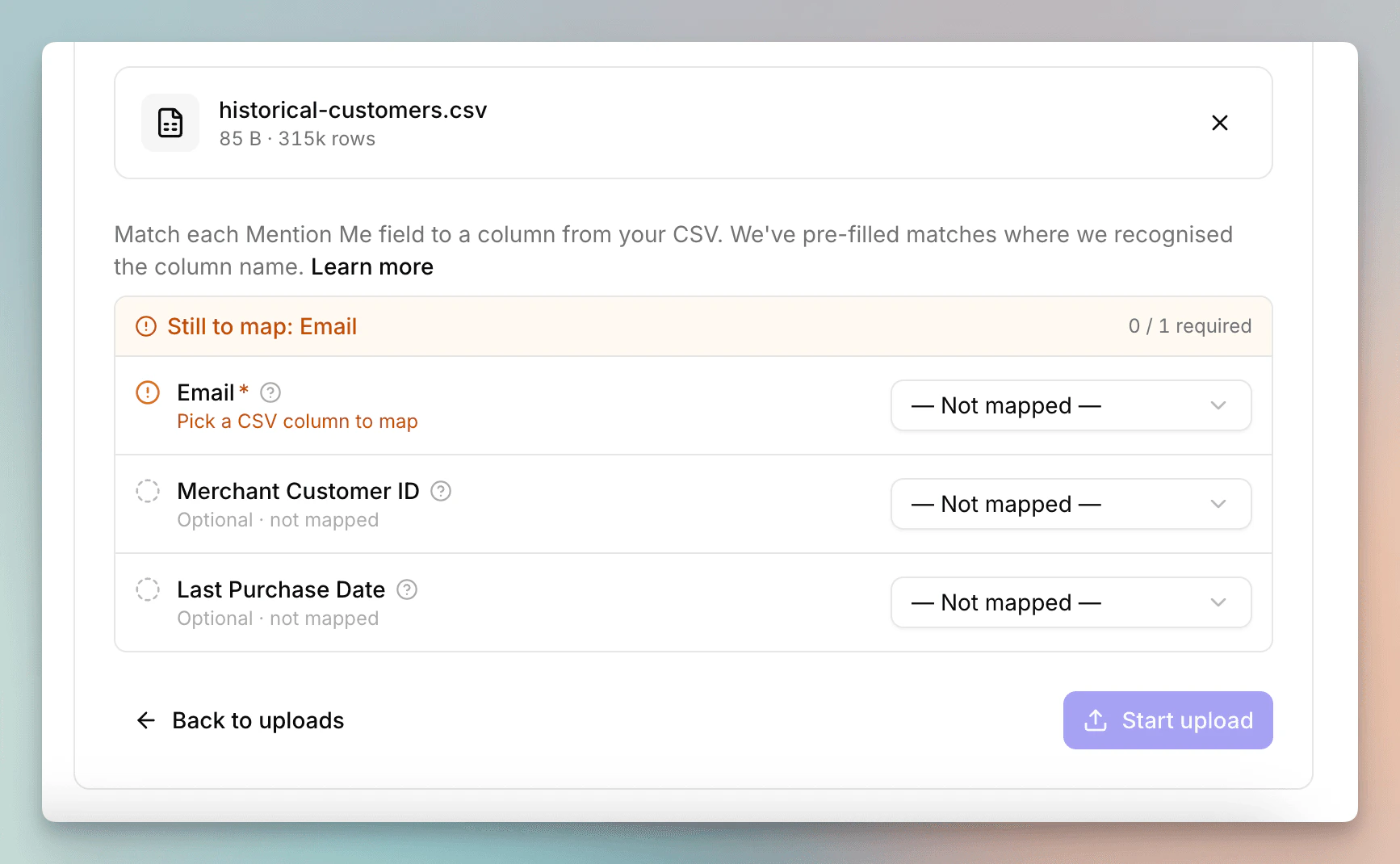 Column mapping with a required Email field still to map