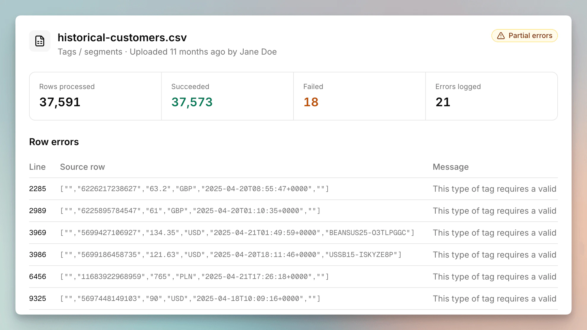 Upload detail panel with summary counts and per-row error messages