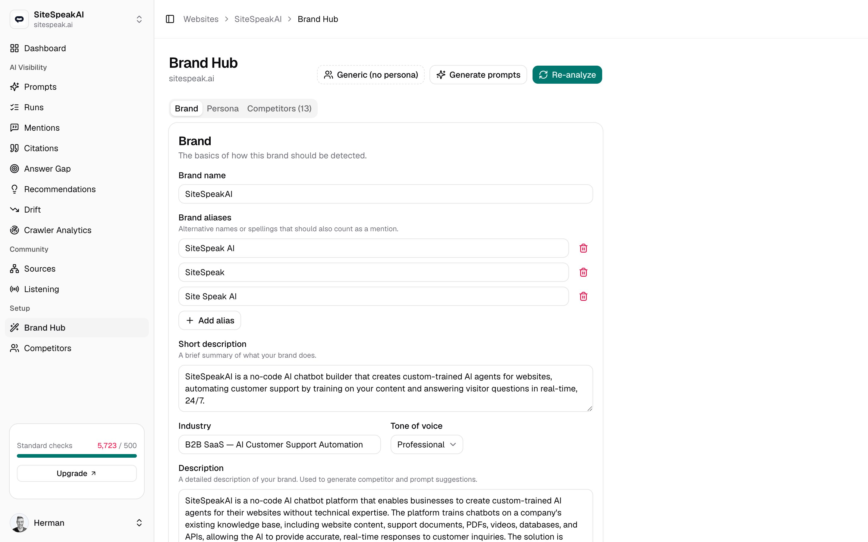 The Competitors tab in Brand Hub showing a list of competitor brands with names, domains, and descriptions.