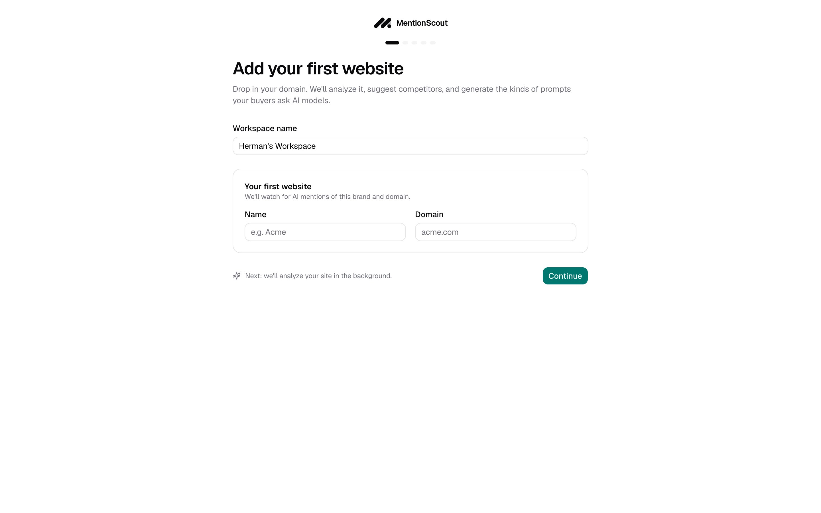 MentionScout onboarding flow showing the add-website step