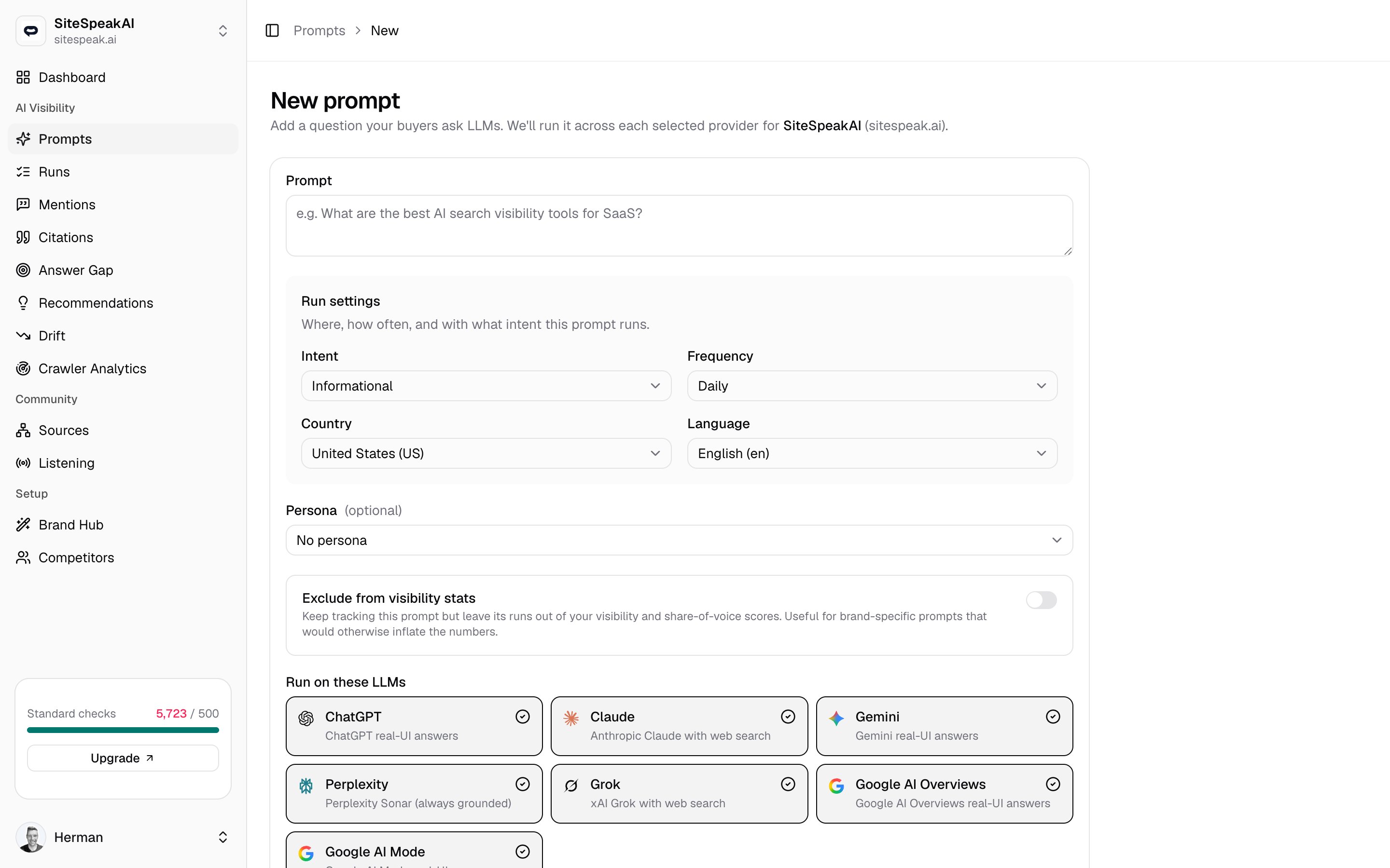 The New prompt form with a prompt textarea, run settings, and provider selection
