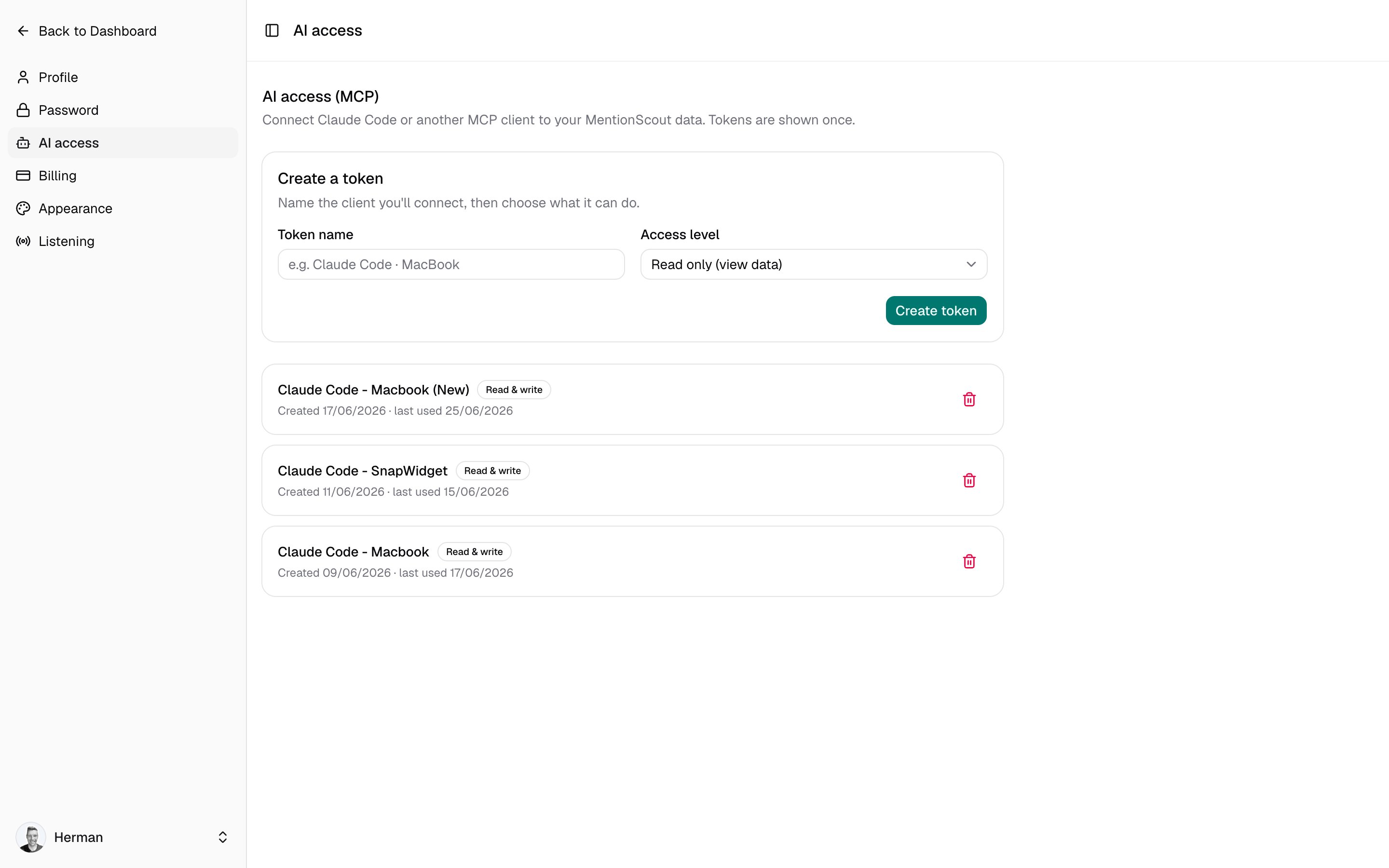 The AI access settings page showing the create-token form and the list of existing MCP tokens.