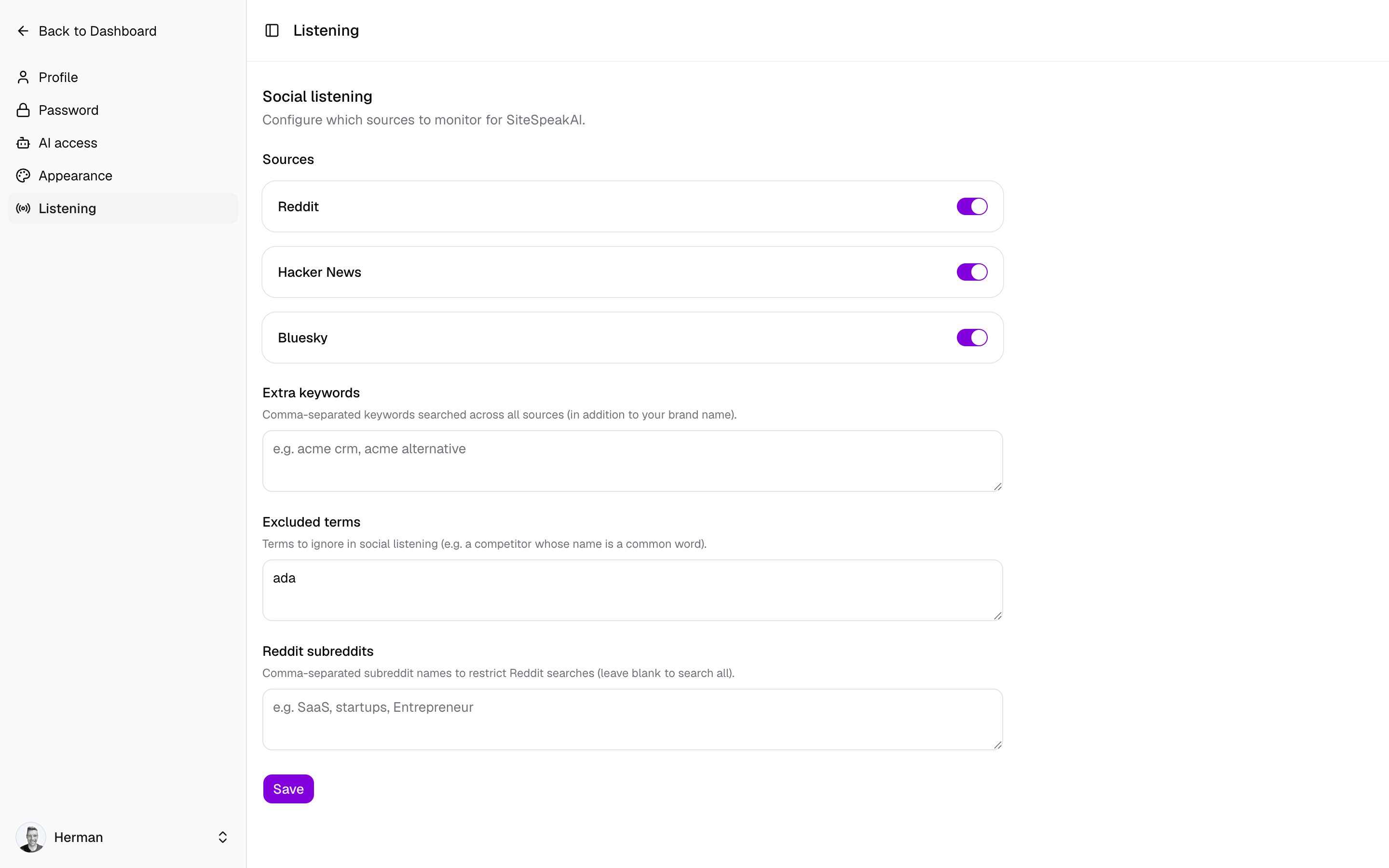 The MentionScout Listening settings page with source toggles and keyword fields