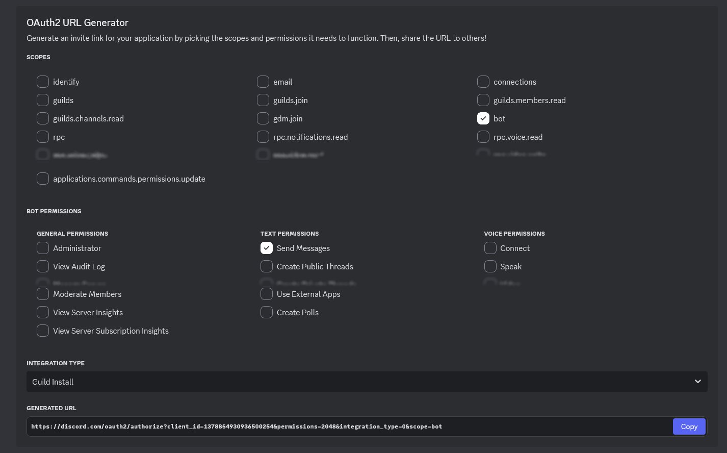 Discord's OAuth2 URL generator, with "bot" scopes and "Send Messages" bot permissions checked