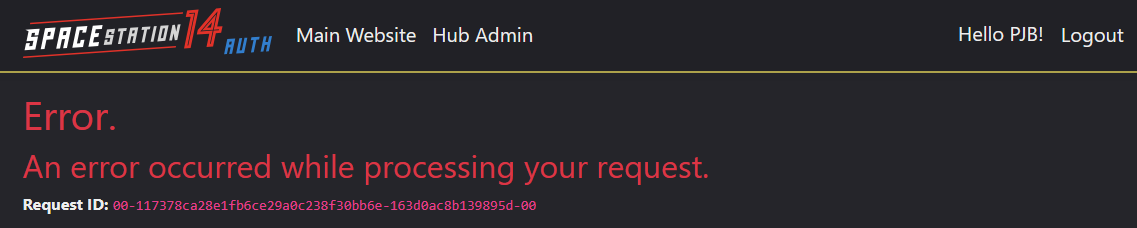 Space Station 14 auth error screen just saying "An error occurred while processing your request."