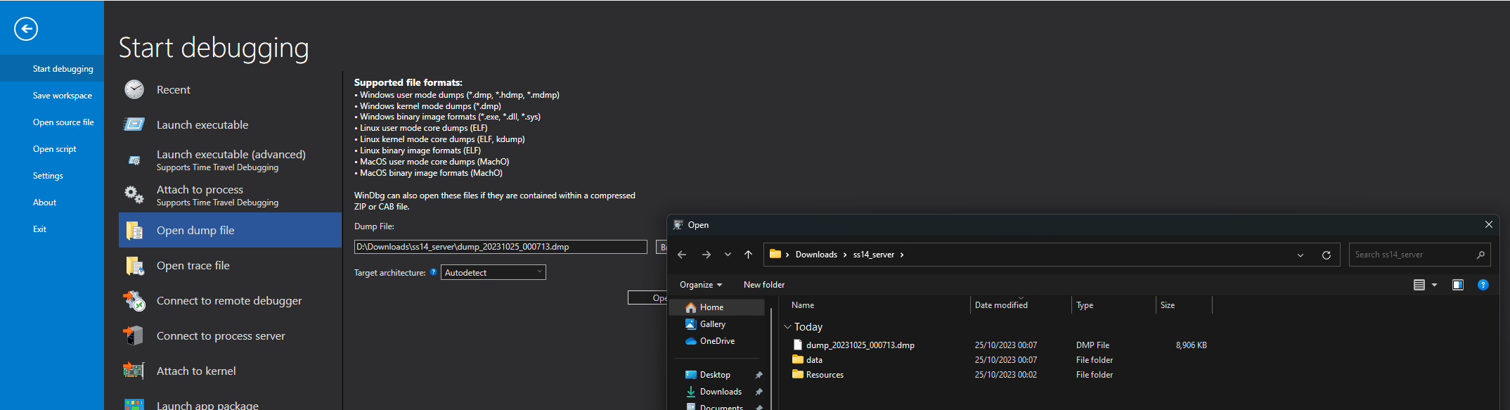 Showing the navigation in WinDBG to open dump file
