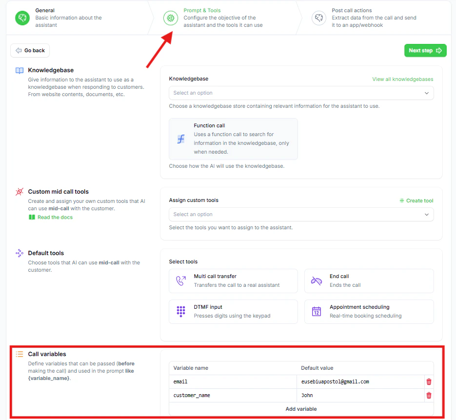 Call variables including email collection