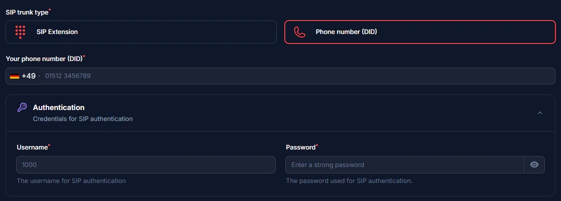 Fill in your details based on your integration type
