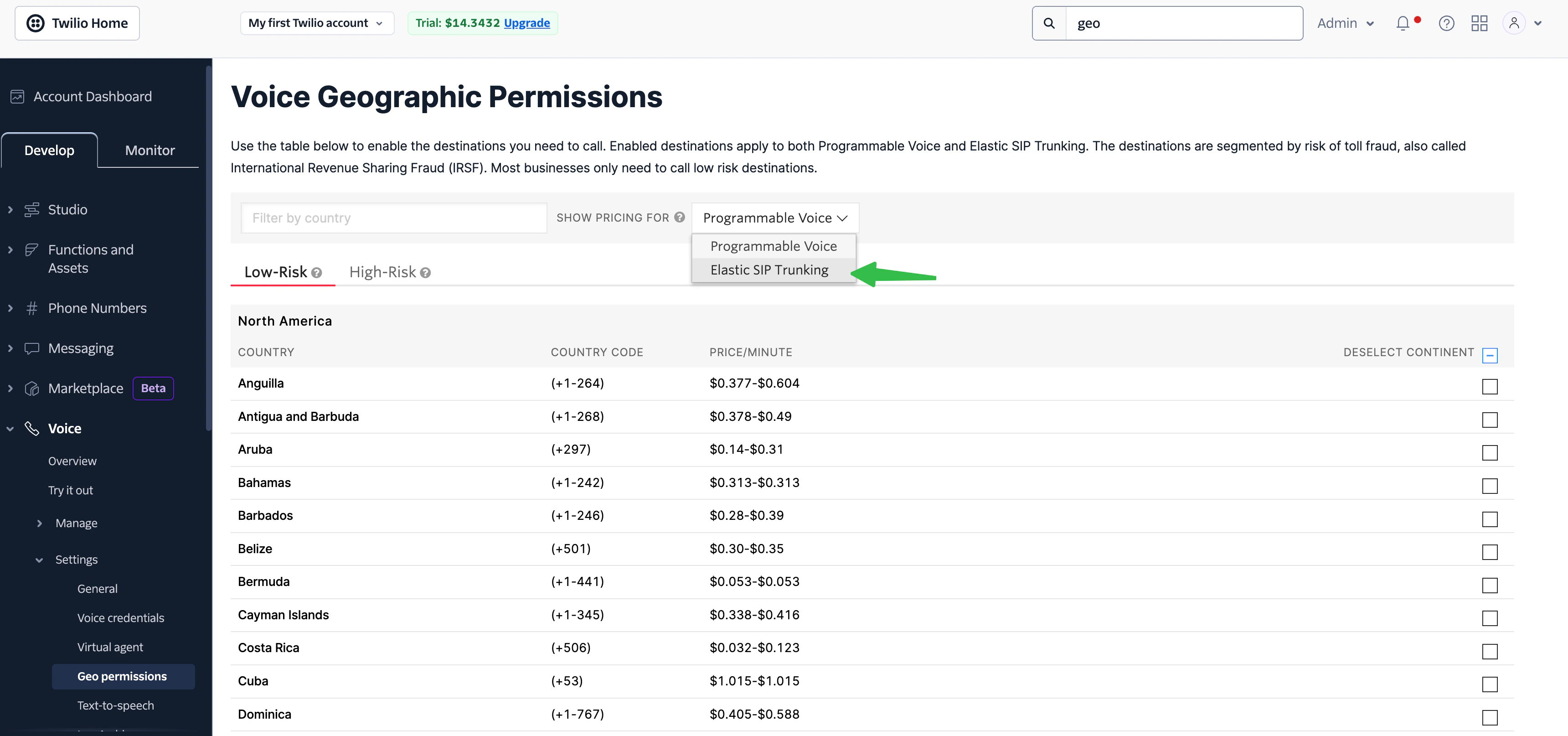 Twillio setup dialing international