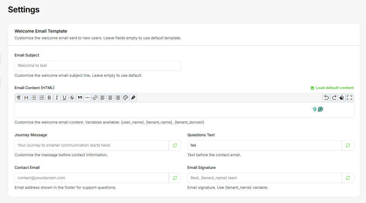 Email Templates Configuration