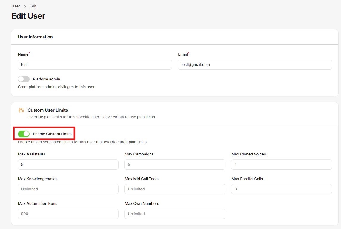 Enable Custom Limits Interface