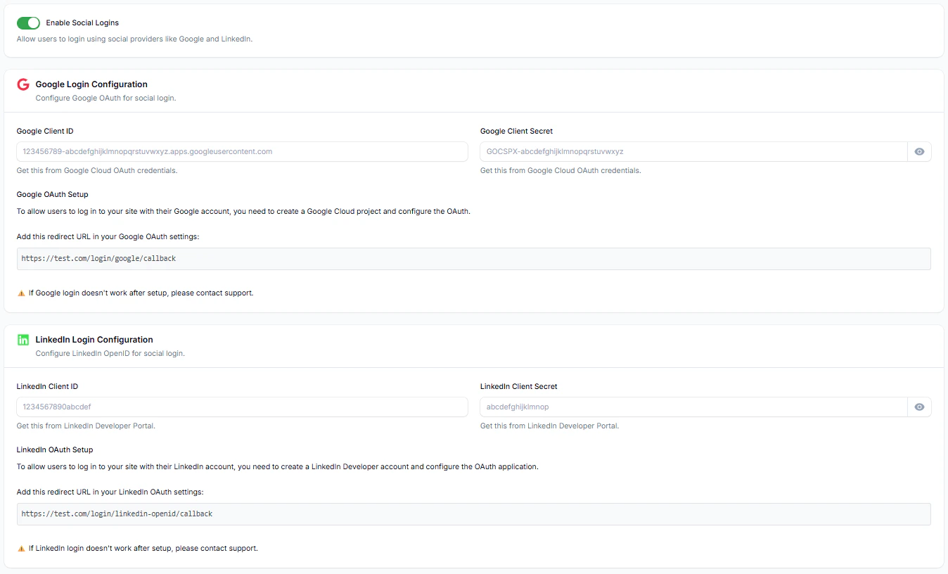 Social Login Settings