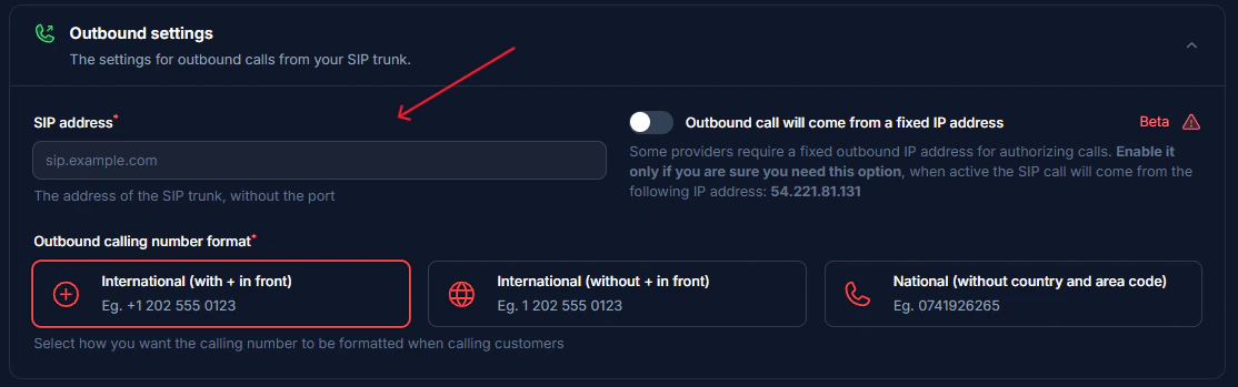 Zadarma Outbound Settings