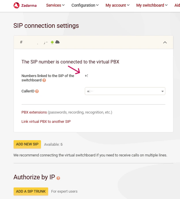Zadarma SIP Connection Settings
