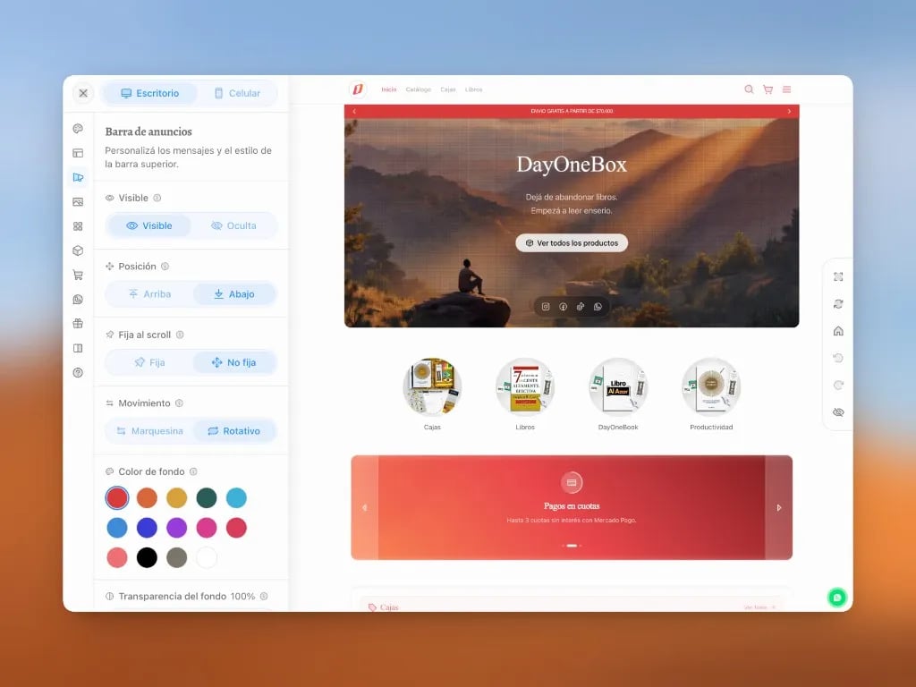 Editor de diseño: barra de anuncios visible arriba, modo rotativo y preview de la tienda