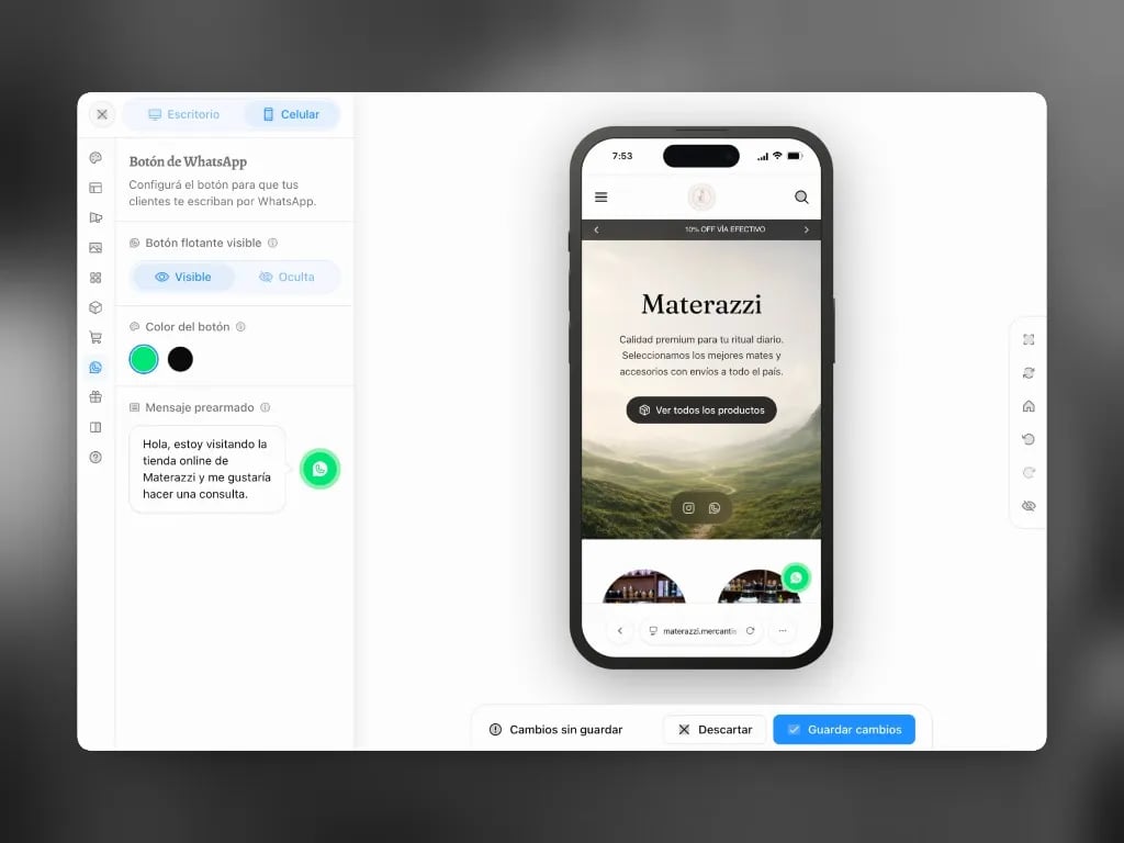 Editor del botón flotante de WhatsApp en Diseño