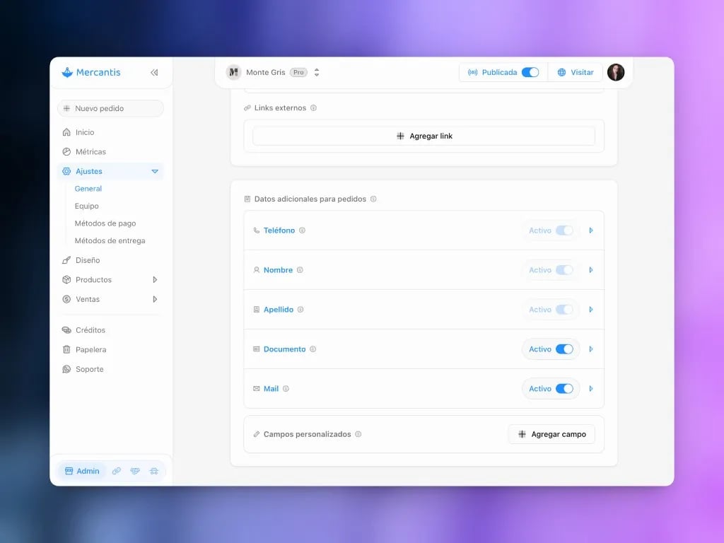 Ajustes generales: datos adicionales para pedidos con Documento y Mail activos