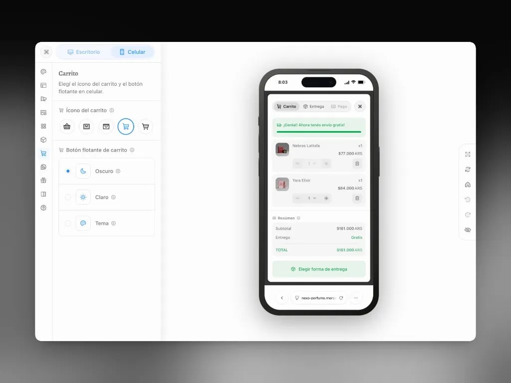 Editor de diseño: ícono del carrito y botón flotante en celular con preview del carrito