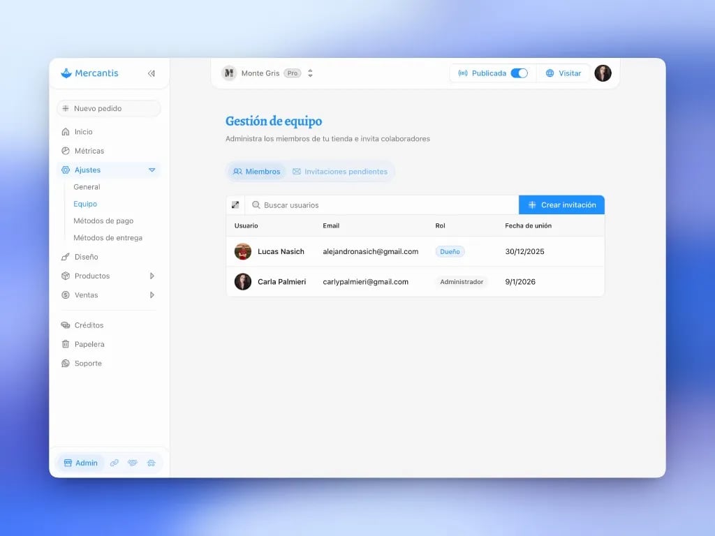 Gestión de equipo: miembros con roles Dueño y Administrador, y botón Crear invitación