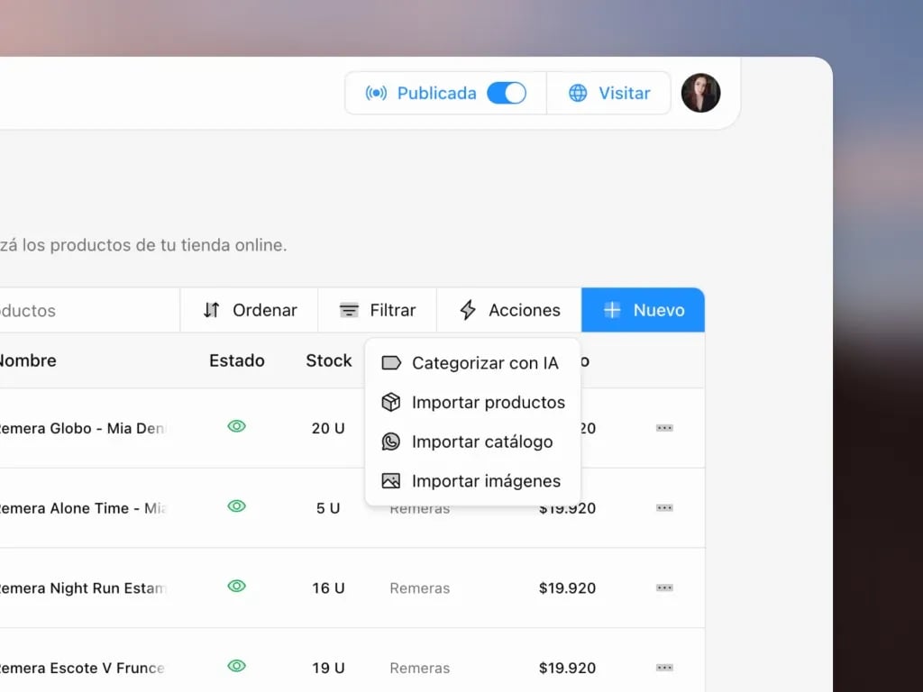 Menú Acciones del catálogo: categorizar con IA, importar productos, WhatsApp e imágenes