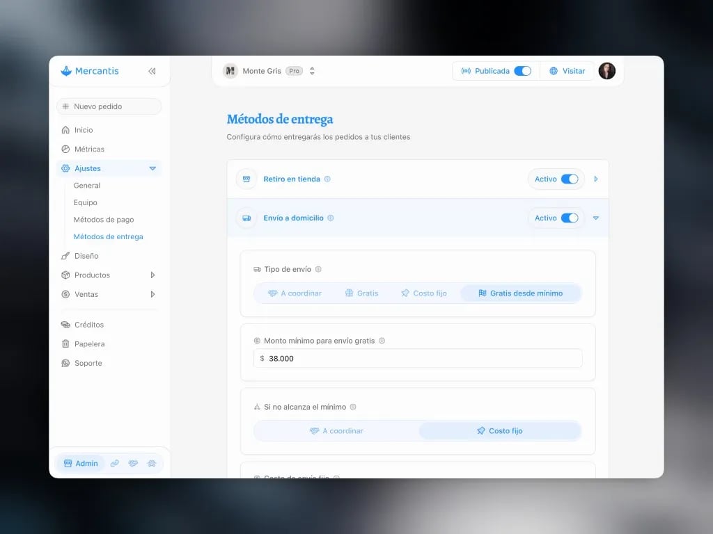 Envío a domicilio con Gratis desde mínimo y monto configurado