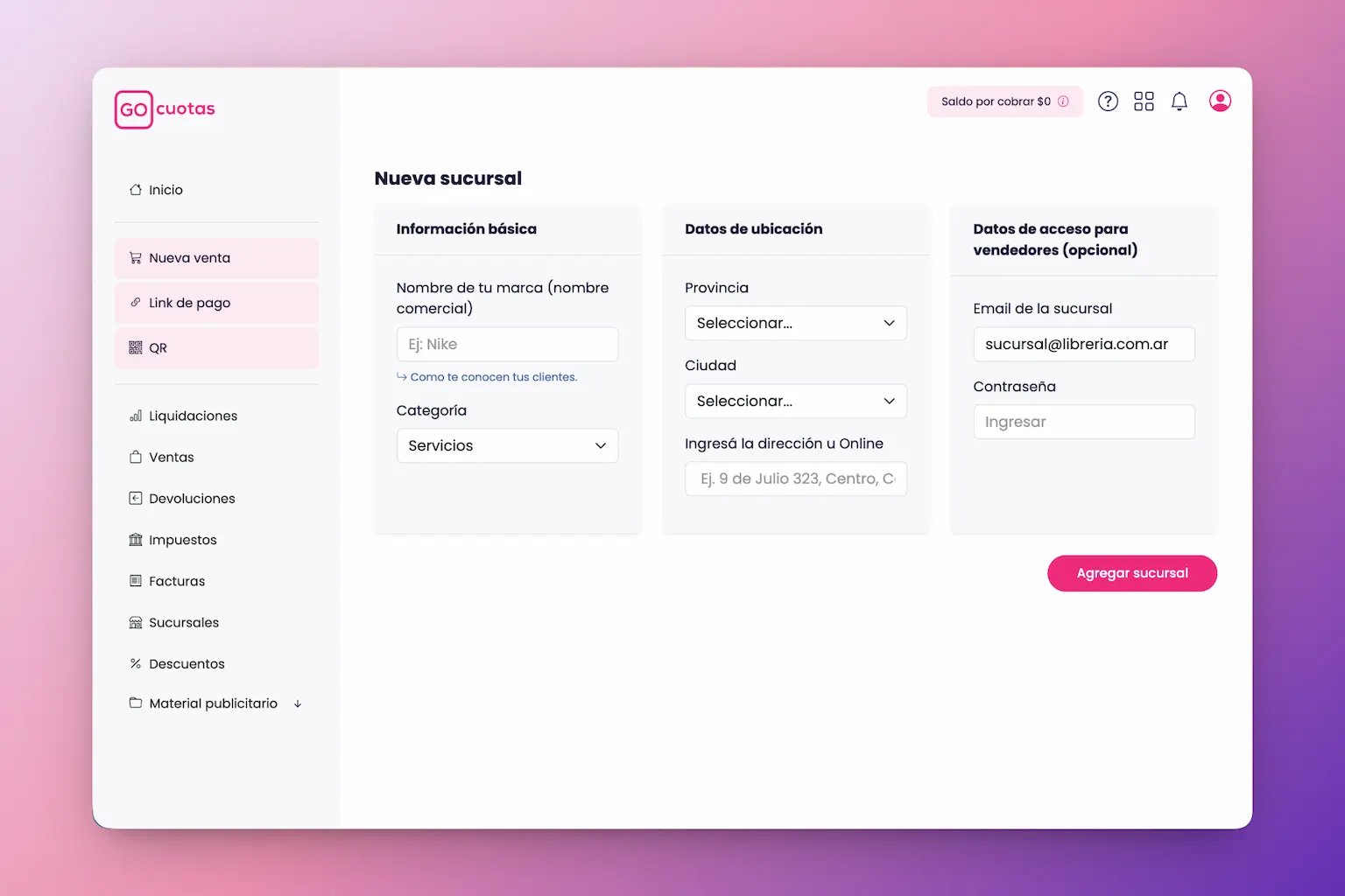 Formulario para crear una sucursal en GO Cuotas