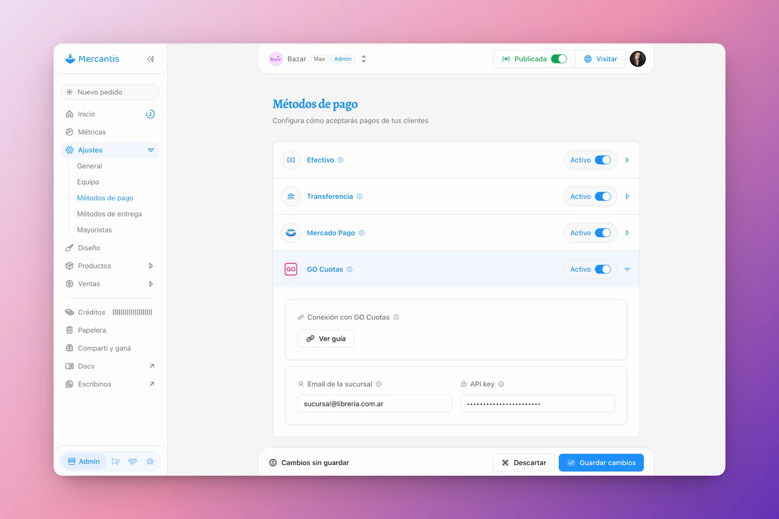 Ajustes de Métodos de pago: GO Cuotas activo con email de sucursal y API key configurados