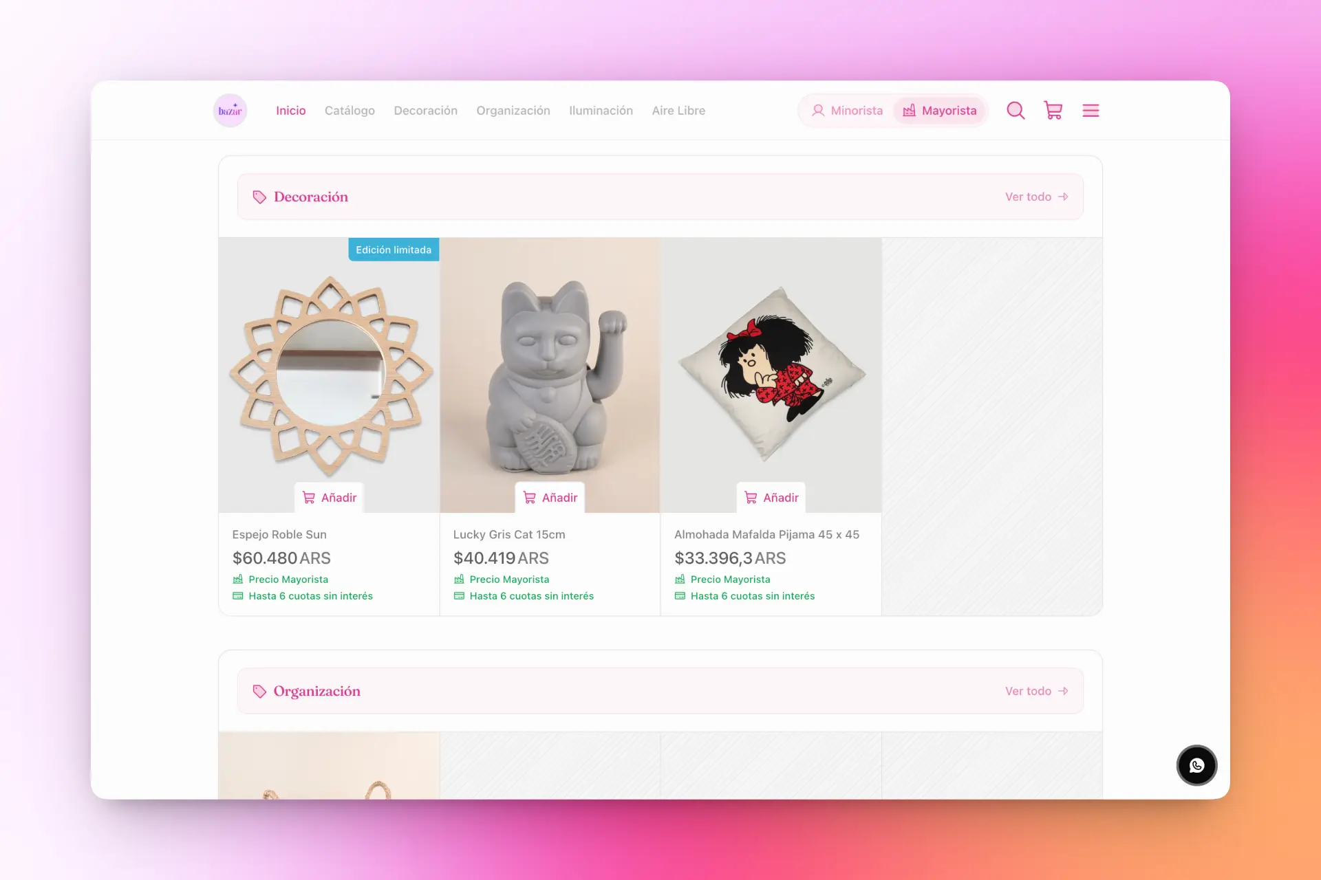 Tienda online con selector Minorista y Mayorista y productos con precio mayorista
