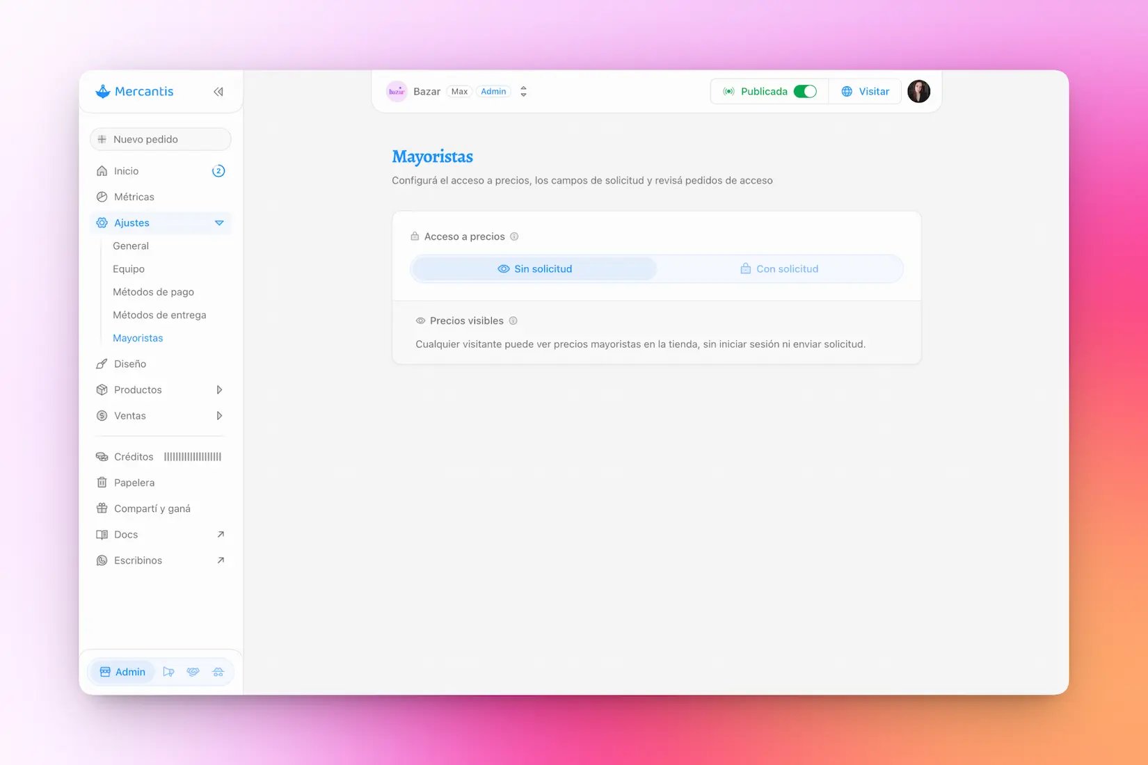 Ajustes de Mayoristas: acceso a precios mayoristas configurado en el panel