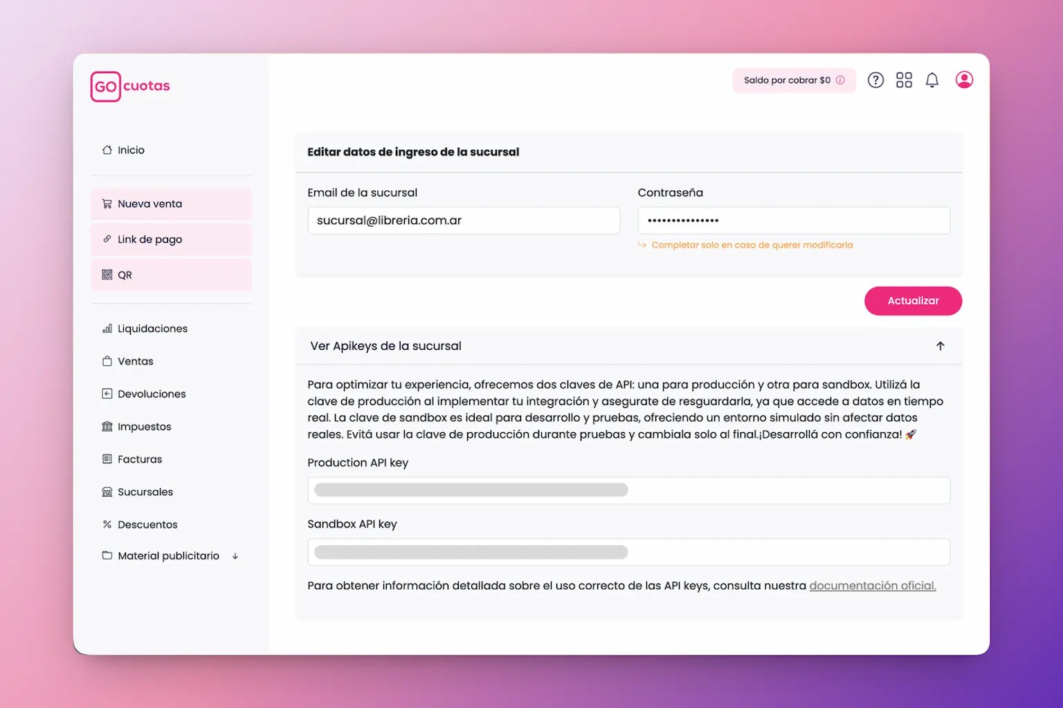 Edición de sucursal en GO Cuotas