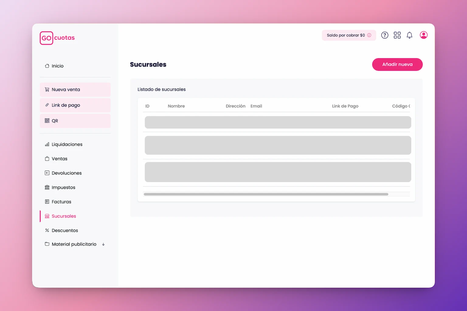 Página de sucursales en GO Cuotas