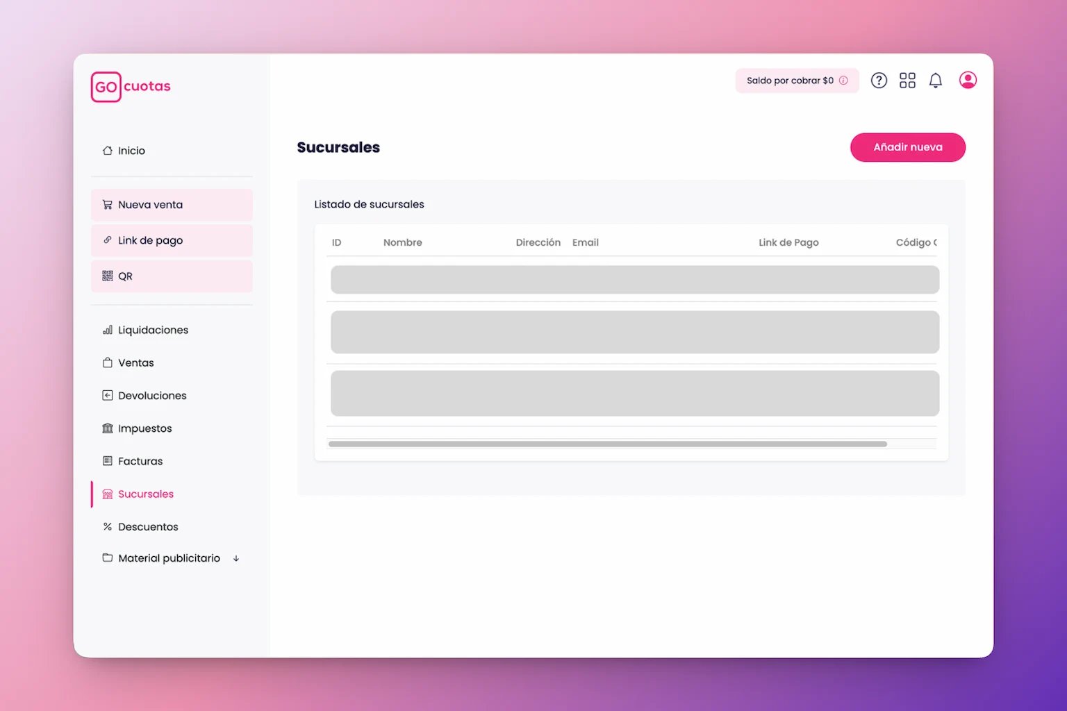 Página de sucursales en GO Cuotas