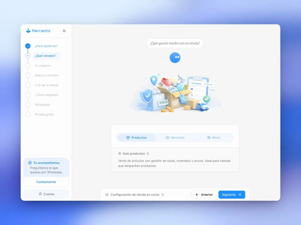 Onboarding: paso Qué vendés con Productos, Servicios o Mixto y progreso en el sidebar