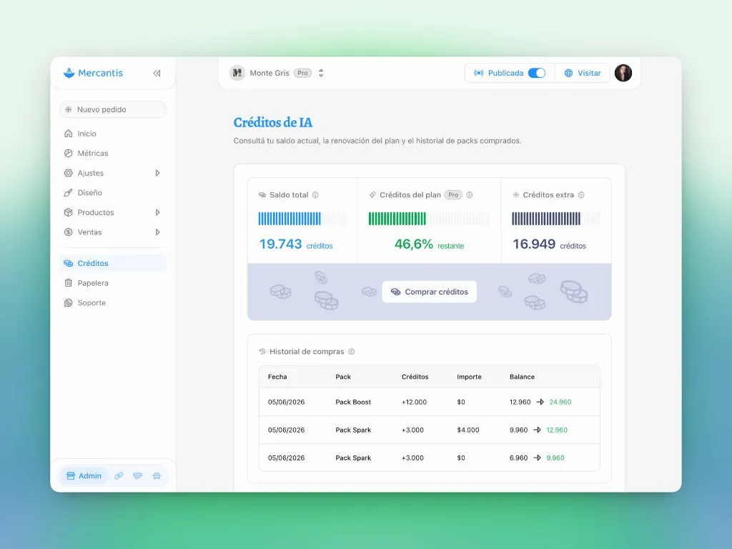 Créditos de IA: saldo total, créditos del plan, créditos extra e historial de packs