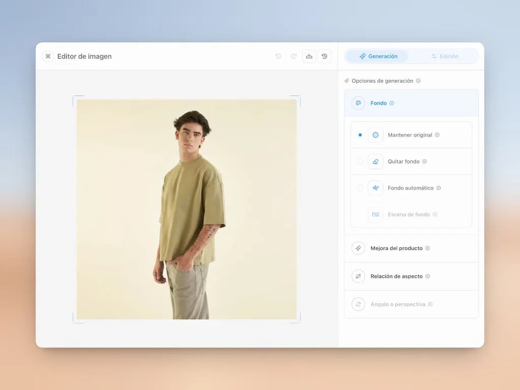 Editor de imagen con IA: opciones de generación de fondo y mejora del producto