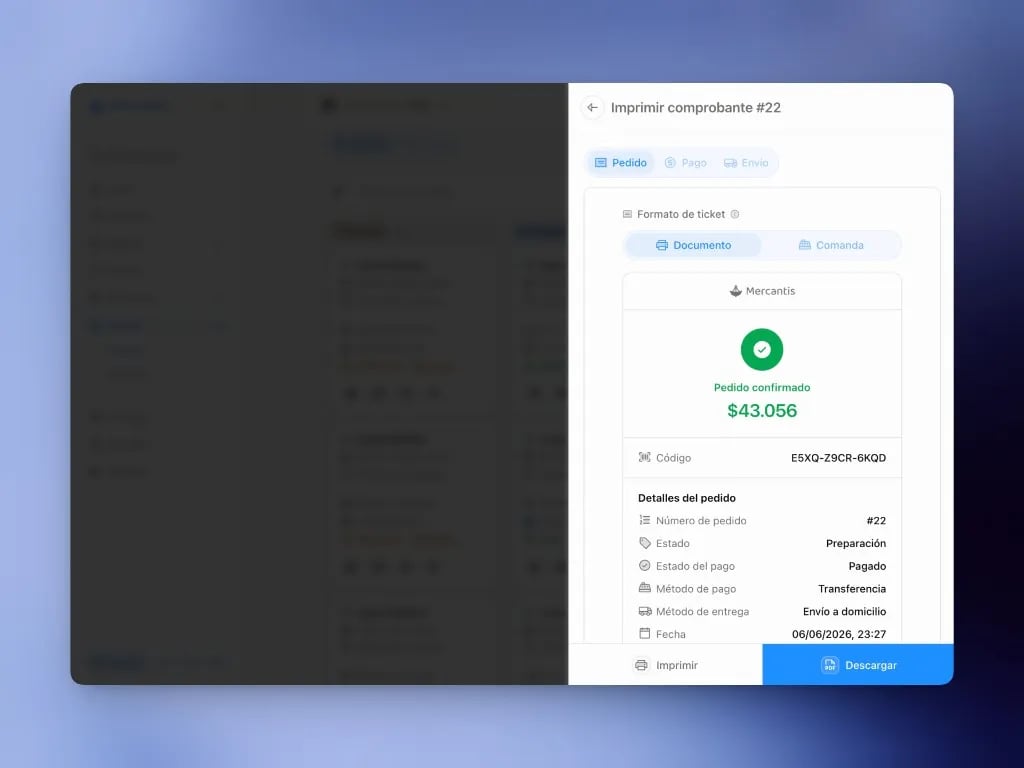 Imprimir comprobante: vista previa del pedido con formato Documento o Comanda