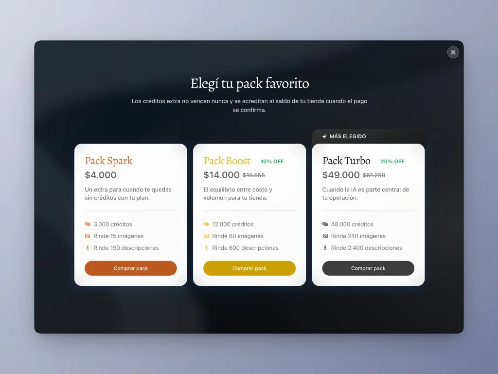 Elegí tu pack favorito: Spark, Boost y Turbo con créditos, imágenes y descripciones