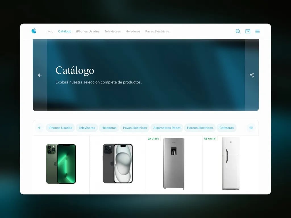 Página de catálogo de la tienda con banner, categorías y grilla de productos
