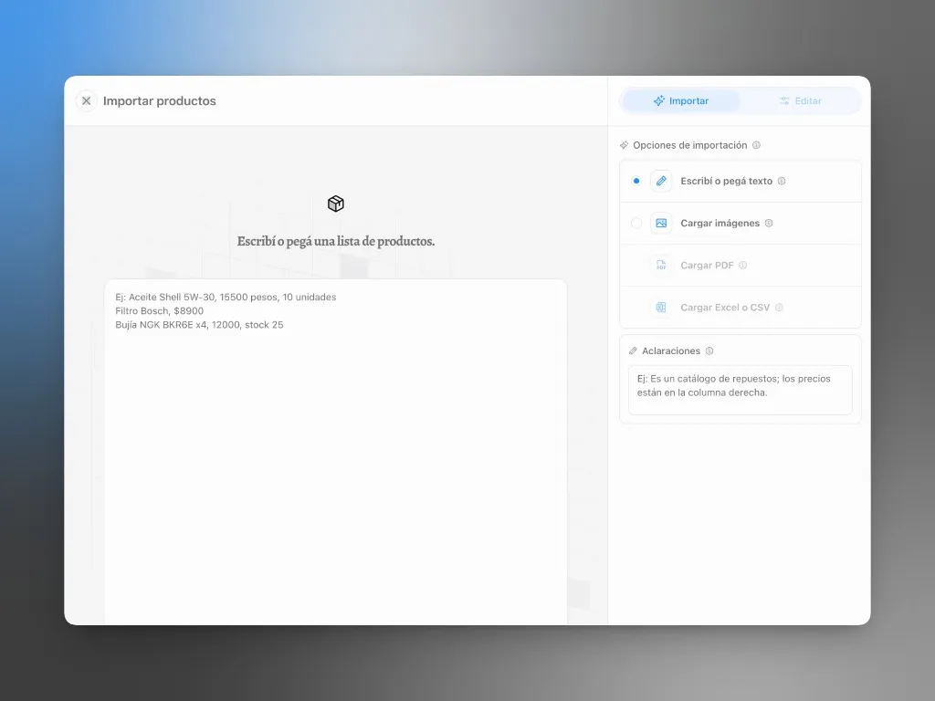 Diálogo Importar productos: pegar texto, imágenes, PDF o Excel/CSV