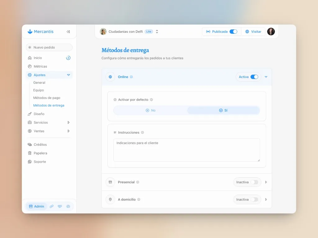 Ajustes: modalidades de entrega del servicio con Online, Presencial y A domicilio